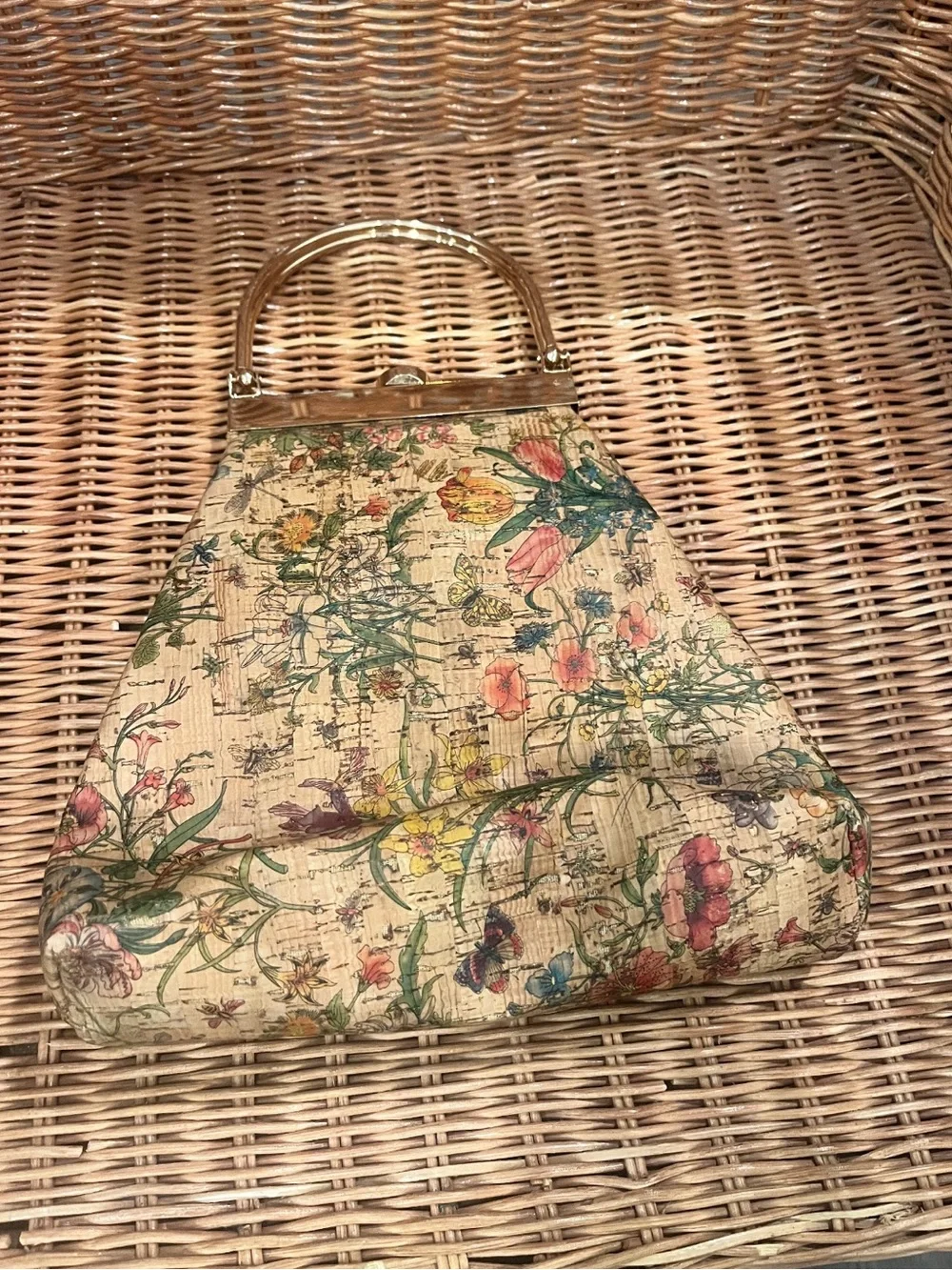 Floral Print Structured Handbag with Gold Handle - Cream Multi